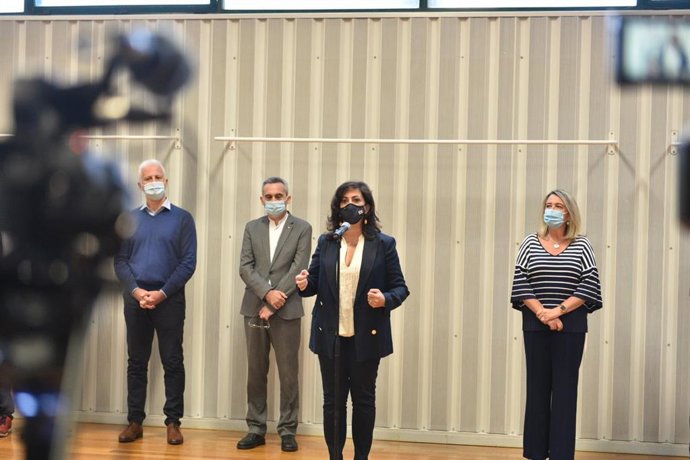 Andreu, durante su intervención en la visita al dispositivo de temporeros en el Polideportivo de la UR, donde ha hablado también de la pandemia en La Rioja.