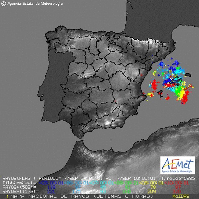 Observación de rayos en las últimas horas en Baleares, según el radar de Aemet.