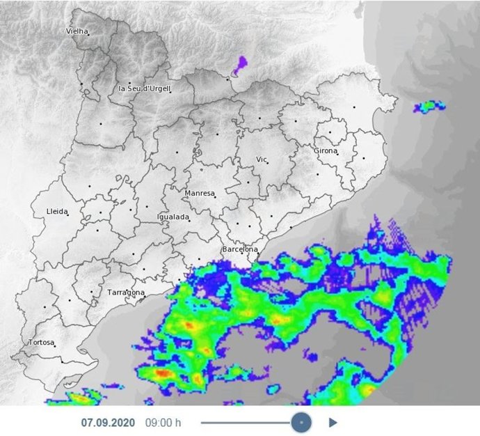 Mapa de avisos de lluvia en Catalunya el 7 de septiembre de 2020.