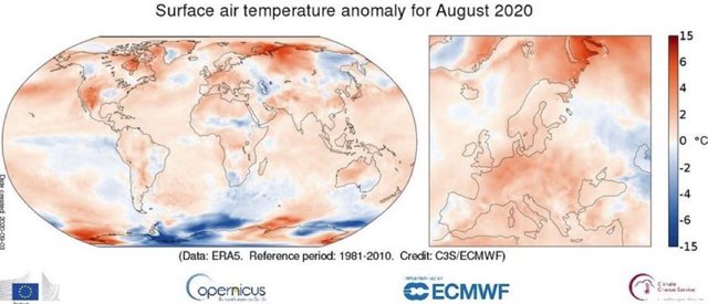 Anomalía de temperatura en agosto de 2020