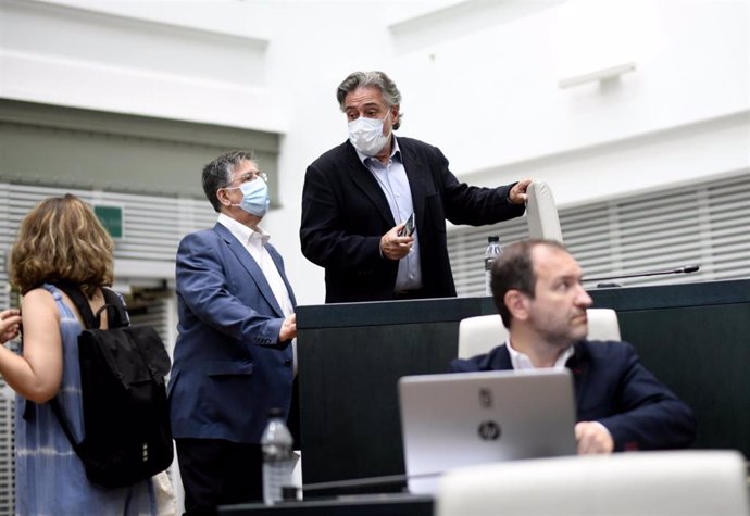 El portavoz socialista en el Ayuntamiento de Madrid, Pepu Hernández (d), durante la sesión plenaria en el Palacio de Cibeles.