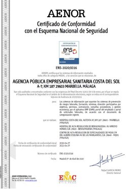 Certificación de seguridad del Esquema Nacional de Seguridad (ENS) otorgado a la Agencia Sanitaria del Sol