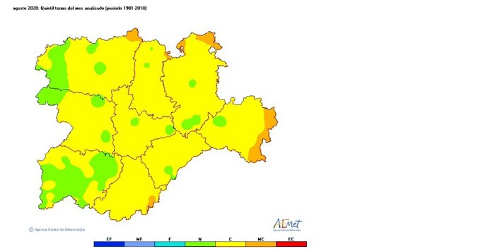 Mapa elaborado por la Aemet sobre las temperaturas registradas en CyL en el mes de agosto