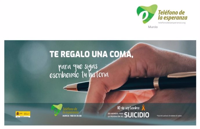 Campaña titulada 'Te regalo una coma, para que sigas escribiendo tu historia' del Teléfono de la Esperanza