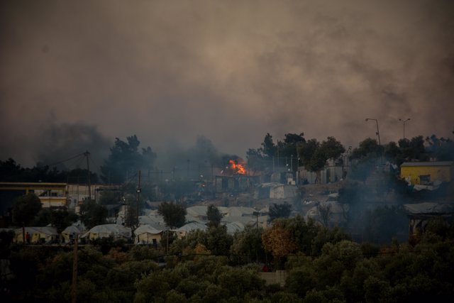 Smoke rises in Moria refugee camp on the north-eastern Aegean island of Lesbos