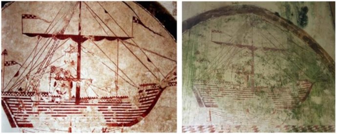 Uno de los barcos de las excepcionales pinturas murales del lazareto de Abaño, en 2015 y en la actualidad