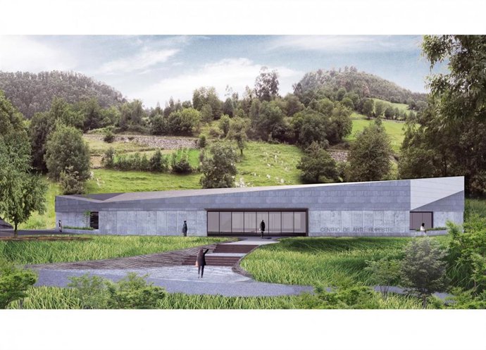 Infografía de la vista principal del edificio del futuro Centro de Interpretación del Arte Rupestre en Puente Viesgo, diseñado por Sukunfuku Studio