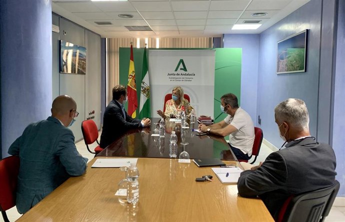 La subdelegada del Gobierno de la Junta de Andalucía en el Campo de Gibraltar, Eva Pajares, en una reunión con el director del Área de Planificación de Extenda-Agencia Andaluza de Promoción Exterior, Juan Cruzado, y técnicos autonómicos