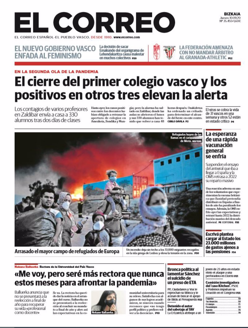 Las portadas de los periódicos del jueves 10 de septiembre de 2020