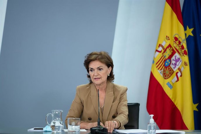 La vicepresidenta primera del Gobierno, Carmen Calvo, interviene durante la rueda de prensa posterior al Consejo de Ministros. En Madrid, (España), a 8 de septiembre de 2020.