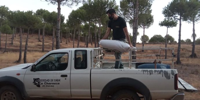 Cazadores de Huelva reparten comida a los animales afectados por el incendio de Almonaster la Real (Huelva).