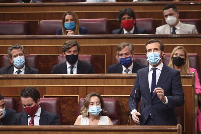 El presidente del PP, Pablo Casado, interviene durante la sesión de control al Gobierno en el Congreso