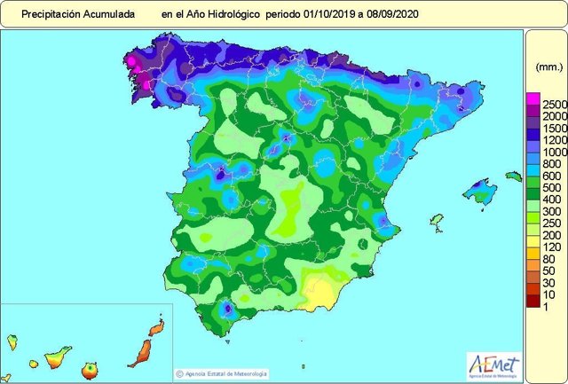 Cantidad de precipitación acumulada a lo largo del año hidrológico hasta el 8 de septiembre de 2020 en el conjunto de España.