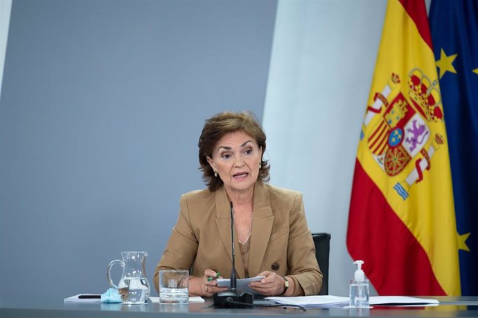 La vicepresidenta primera del Gobierno, Carmen Calvo, interviene durante la rueda de prensa posterior al Consejo de Ministros. En Madrid, (España), a 8 de septiembre de 2020.