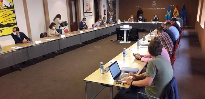 Reunión de la comisión para la transición energética en Asturias, presidida por el consejero de Industria, Enrique Fernández.