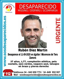 Cartel de búsqueda de un varón de 37 años en Aguilar de Tera (Zamora).