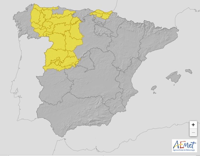 Mapa elaborado por la Aemet sobre la previsión de lluvias y tormentas este lunes 14 de septiembre en CyL
