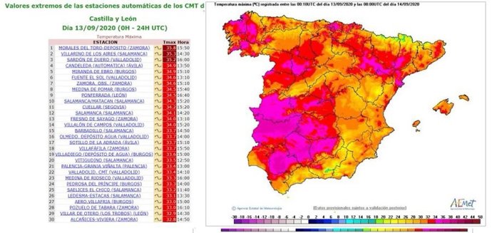 Mapa y tabla elaborados por la Aemet sobre el ranking de temperaturas máximas registradas en la jornada del domingo 13 de septiembre