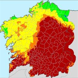 Mapa del riesgo de incendios en Galicia el lunes, 14 de septiembre de 2020.