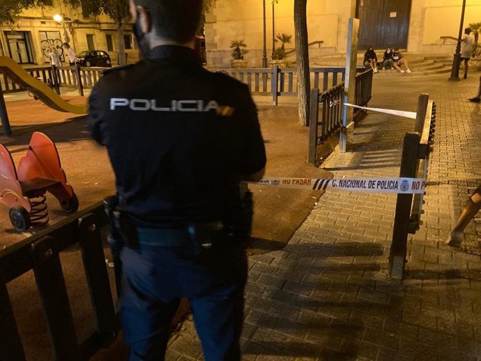 Efectivos de la Policía Nacional en un barrio de Palma vigilando el cierre de los parques infantiles.