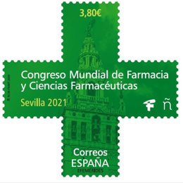 Sello de Correos dedicado al Congreso Mundial de Farmacia de Sevilla.