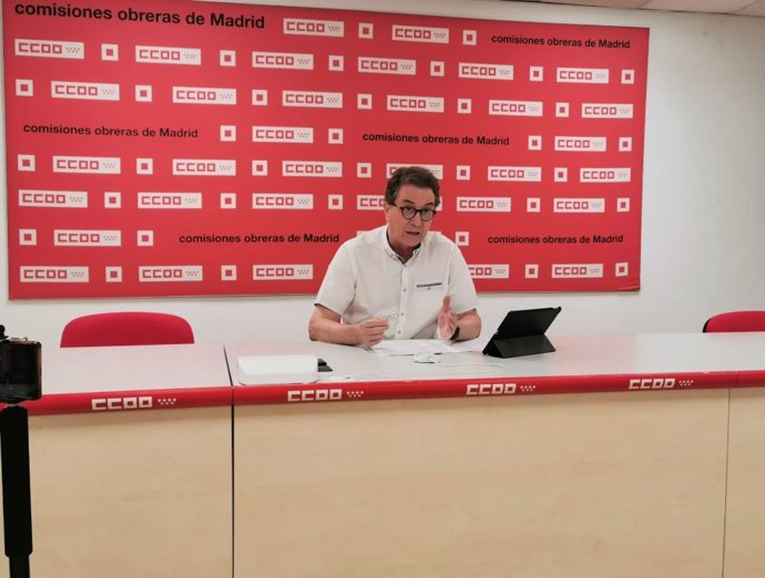 El secretario general de CCOO Madrid, Jaime Cedrún, durante la presentación deun informe de los efectos de l acrisis del Covid-19 en el empleo
