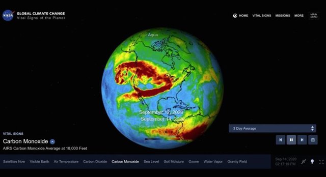 Esta visualización muestra un promedio de tres días de concentraciones de monóxido de carbono, del 6 al 14 de septiembre, en la atmósfera de California debido a los incendios forestales.