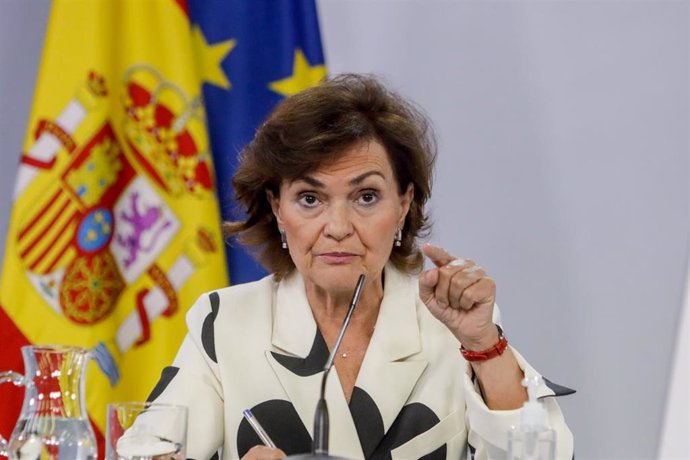 La vicepresidenta primera del Gobierno, Carmen Calvo, durante su comparecencia en rueda de prensa posterior al Consejo de Ministros celebrado en Moncloa, en Madrid (España), a 15 de septiembre de 2020.