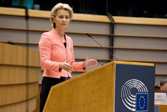 HANDOUT - 16 September 2020, Belgium, Brussels: European Commission President Ursula von der Leyen speaks during her first State of the Union address to the plenary session of the European Parliament. Photo: Etienne Ansotte/European Commission/dpa - ATT