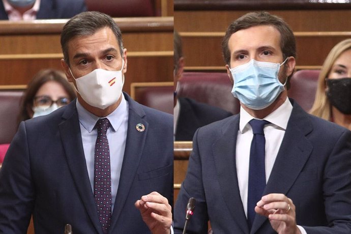 Montaje fotográfico de las intervenciones del presidente del Gobierno, Pedro Sánchez, y del líder del PP, Pablo Casado, durante la sesión de control al Gobierno en el Congreso