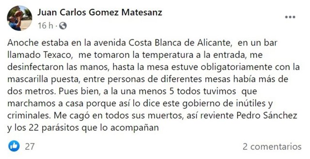Publicación en Facebook de Juan Carlos Gómez Matesanz, portavoz del PP en La Granja (Segovia): "Me cagó en todos sus  muertos, así reviente Pedro Sánchez y sus 22 parásitos"