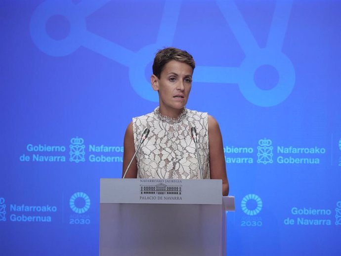 La presidenta de Navarra, María Chivite, comparece antes los medios de comunicación tras su participación telemática en la Conferencia de Presidentes, en Pamplona, Navarra (España), a 4 de septiembre de 2020.
