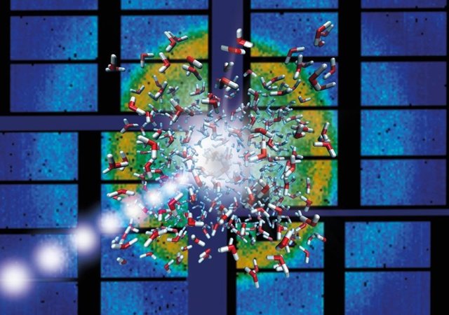 Los destellos de rayos X del europeo XFEL (violeta) no solo calientan el agua (moléculas rojas y blancas), sino que también producen un patrón de difracción de la muestra (fondo)