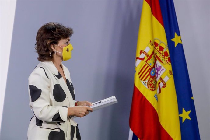 La vicepresidenta primera del Gobierno, Carmen Calvo, tras  el Consejo de Ministros del 15 de septiembre de 2020.