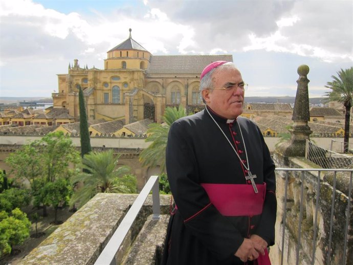 El obispo de Córdoba, Demetrio Fernández, con la Catedral al fondo
