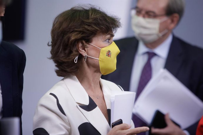 La vicepresidenta primera del Govern espanyol, Carmen Calvo, en la roda de premsa posterior al Consell de Ministres. La Moncloa, Madrid (Espanya), 15 de setembre del 2020.
