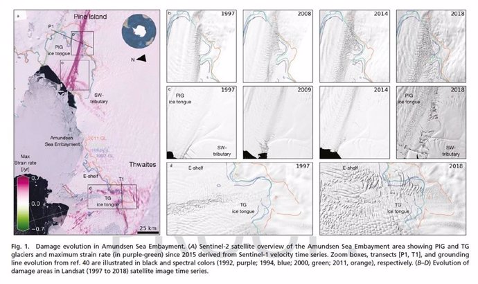 Grietas en rápido desarrollo redibujan grandes glaciares antárticos