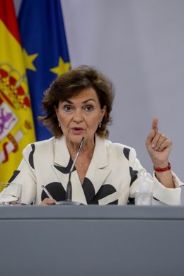 La vicepresidenta primera del Gobierno, Carmen Calvo, durante su comparecencia en rueda de prensa posterior al Consejo de Ministros celebrado en Moncloa, en Madrid (España), a 15 de septiembre de 2020.