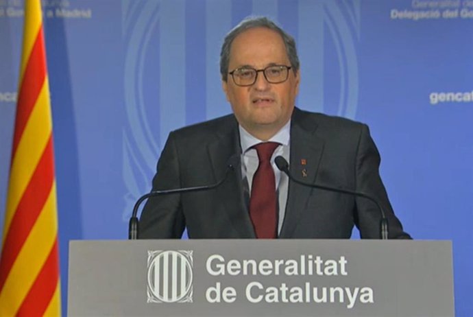 El presidente de la Generalitat, Quim Torra, en una declaración institucional tras la vista en el Tribunal Supremo.