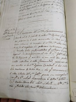 Resposta del bisbat a lAjuntament de Barcelona que havia demanat ajuda davant lepidmia de febre groga el 1821. (Vertical)