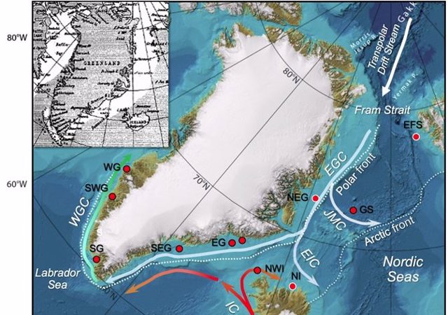 Groenlandia y ubicación de la descarga de hielo excepcional de hielo ártico en el siglo XIV