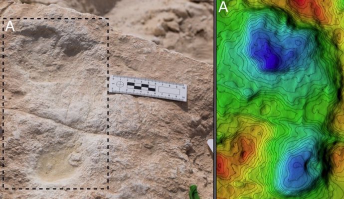 La primera huella humana descubierta en Alathar y su correspondiente modelo de elevación digital (DEM)