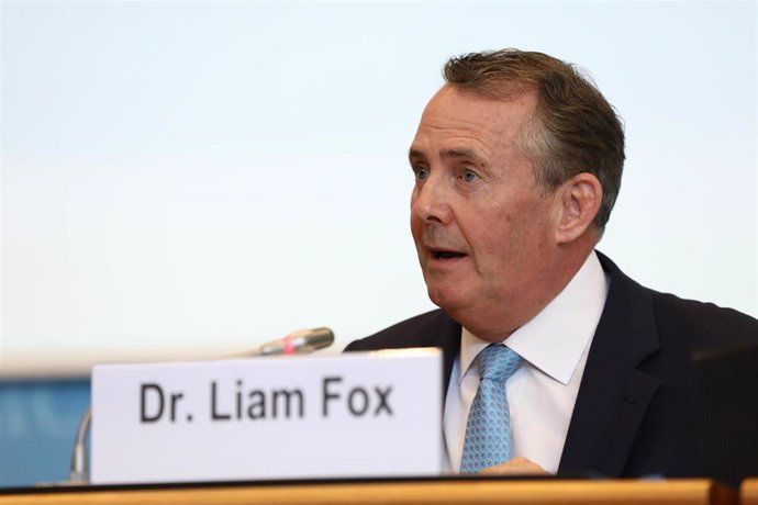 HANDOUT - 17 July 2020, Switzerland, Geneva: Former UK Secretary of State for International Trade and candidate for General Director of the World Trade Organization (WTO) Liam Fox delivers a speech at the General Council meeting during the election proc