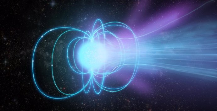 Concepción artística de una magnetar: una estrella de neutrones superdensa con un campo magnético extremadamente fuerte. En esta ilustración, la magnetar está emitiendo un estallido de radiación.