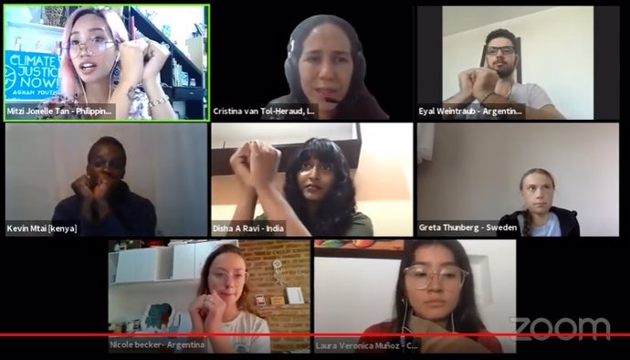 Greta Thunberg participa en una rueda de prensa virtual con otros Jóvenes por el Clima para llamar a la huelga el próximo 25 de septiembre para exigir acción climática y justicia social.