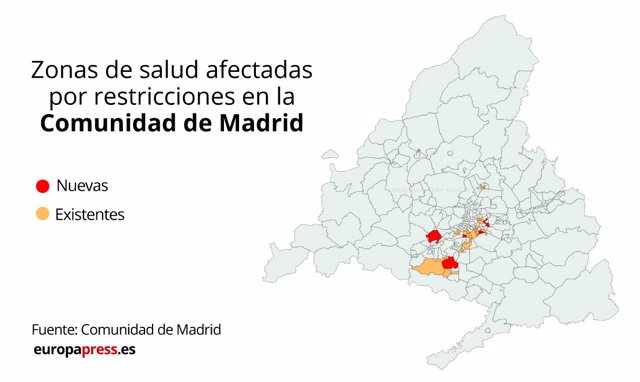 Mapa con zonas de salud afectadas por restricciones en la Comunidad de Madrid