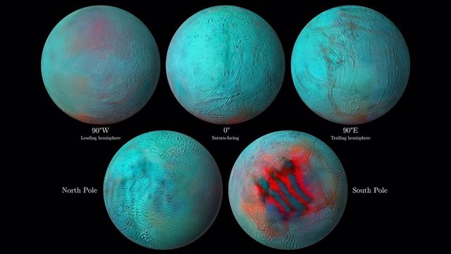 En estas imágenes infrarrojas detalladas de Encélado, la luna helada de Saturno, las áreas rojizas indican hielo fresco que se ha depositado en la superficie.