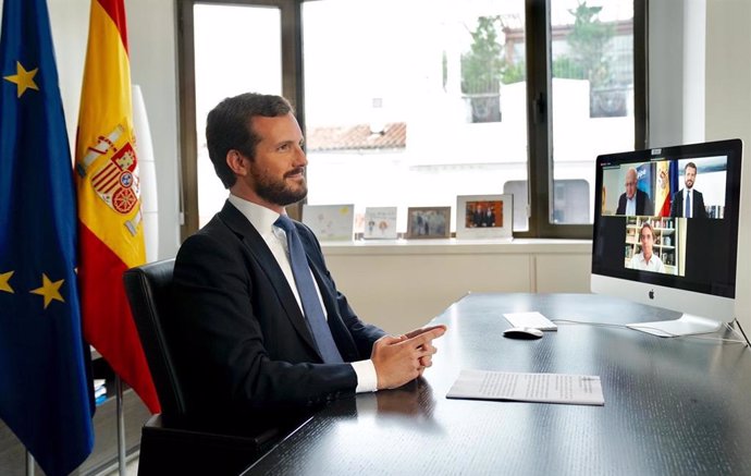 El presidente del PP, Pablo Casado, clausura unas jornadas de FAES junto al expresidente del Gobierno José María Aznar. En Madrid, a 18 de septiembre de 2020.