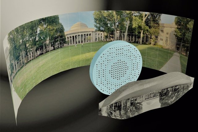 Ilustración artística en 3D de las metalentes de campo de visión amplio que capturan un panorama de 180 ° de Killian Court del MIT y producen una imagen plana monocromática de alta resolución.