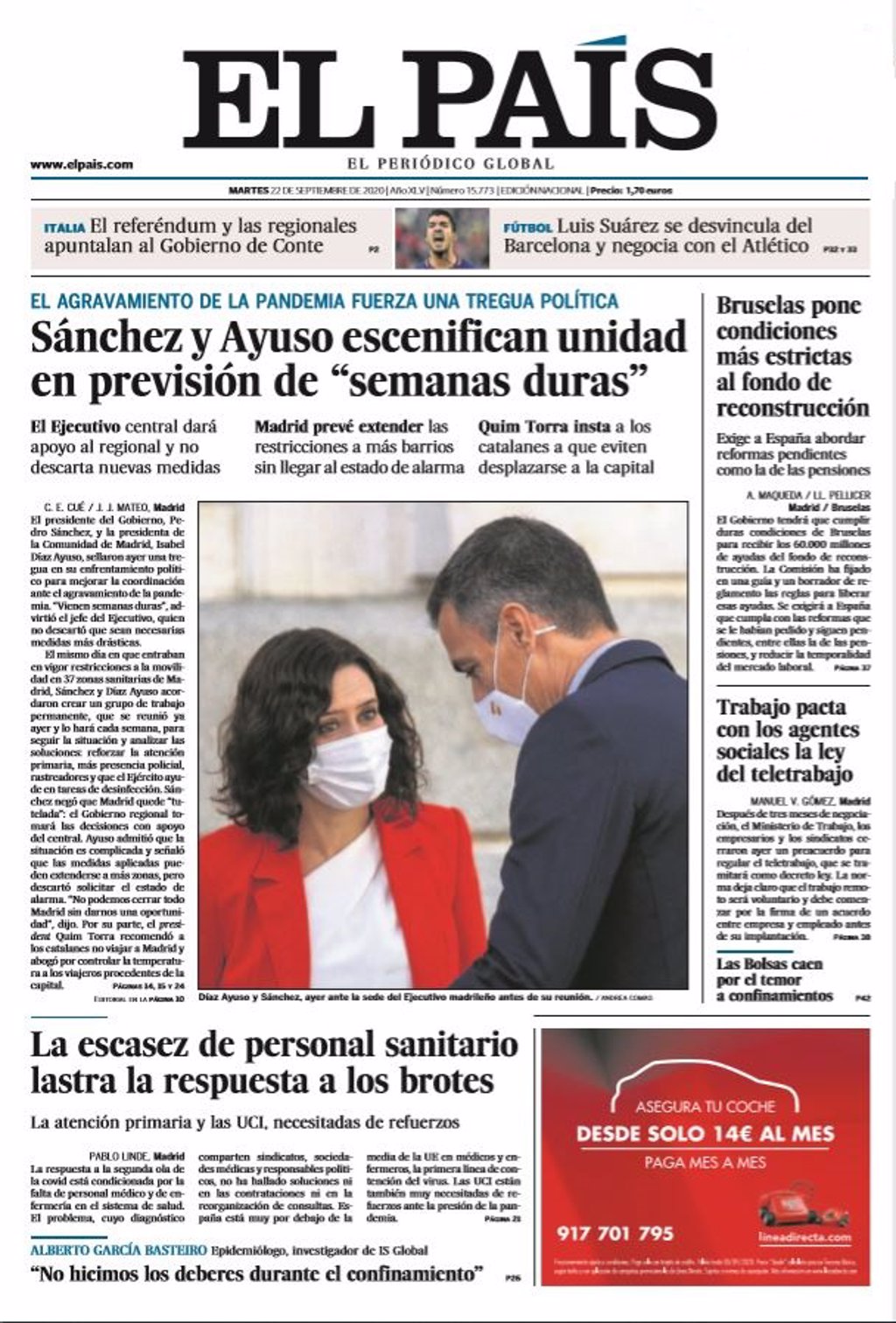 Las portadas de los periódicos del martes 22 de septiembre de 2020